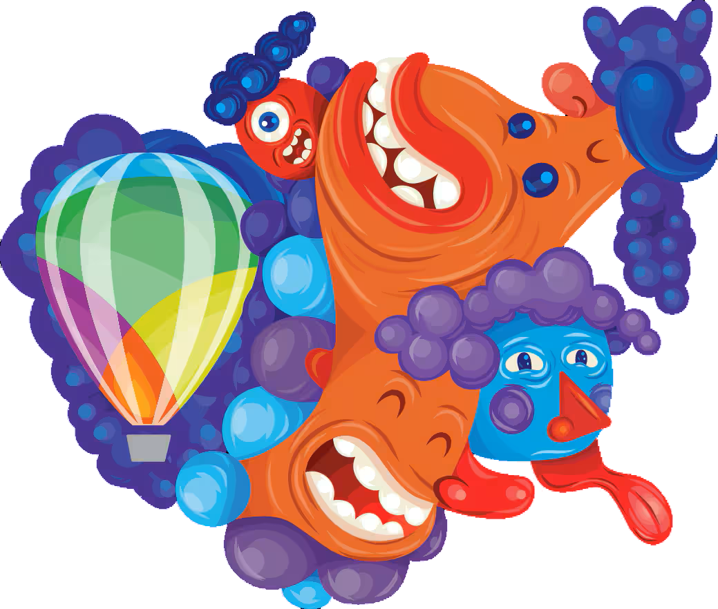 Hero art: striped balloon ringed by colorful character shapes