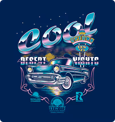 Studio poster: chrome car wrap with neon Cool Desert Nights lettering